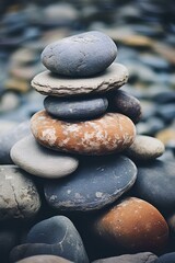 A small stone tower built with pebbles and stones by the river. piled stones. the custom of making a wish. generative AI