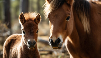 Mare and foal graze in rural meadow generated by AI