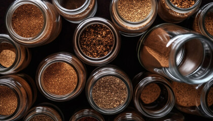 Variety of spices in glass jars on metal background generated by AI