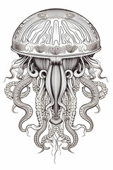 mandala illustration for coloring, jellyfish, animals, relaxation, therapeutic, print