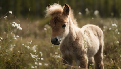 Fototapeta premium Cute foal grazing in green meadow outdoors generated by AI