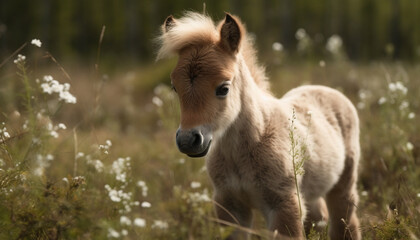 Cute foal grazing in green meadow outdoors generated by AI