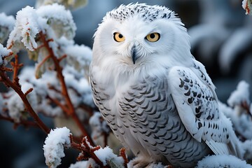 Intricate details of a snowy owl, intense gaze, set against a frosty background