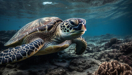 Fototapeta premium Large sea turtle swimming in tranquil underwater reef environment generated by AI