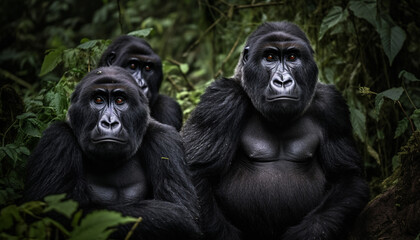 Obraz premium Endangered primate staring with authority, sitting in tropical rainforest generated by AI