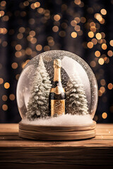 A champagne bottle encased in a snow globe with snowy pine trees, set against a bokeh-lit backdrop.