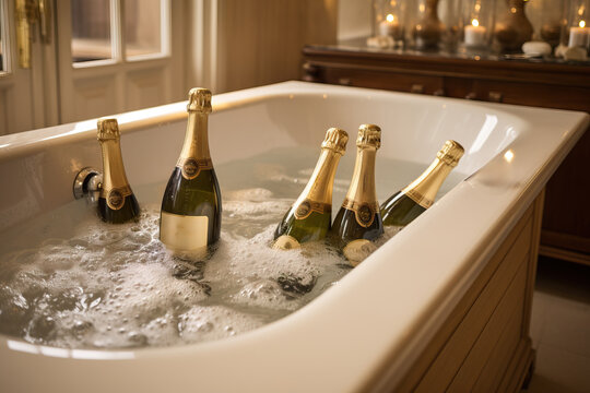 Elegant champagne bottles chilling in a luxurious bubble bath with soft lighting. - Powered by Adobe