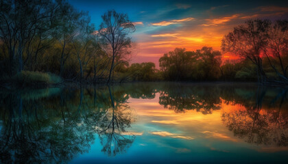 Tranquil scene, nature beauty, reflected in water generated by AI