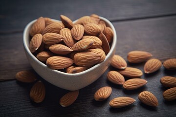 almond nuts in heart shaped bowl. Generative AI - obrazy, fototapety, plakaty