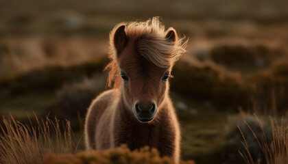 Cute foal grazing in rural meadow sunset generated by AI