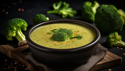 Rustic bowl of organic vegetable soup, creamy and fresh garnished with parsley generated by AI