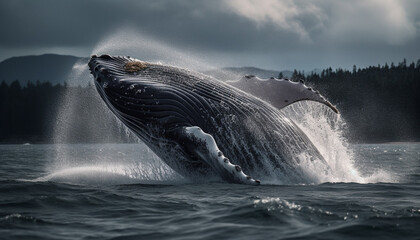 Majestic humpback whale breaches, splashing in blue sea waves generated by AI