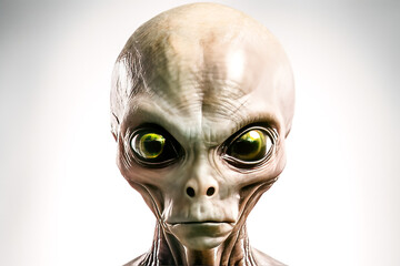 alien with green eyes on white background