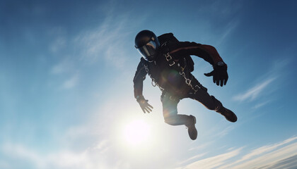Silhouette of young adult flying mid air in extreme sports adventure generated by AI