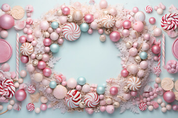 A delightful assortment of pastel-hued candies and shimmering ornaments set on a soft blue background