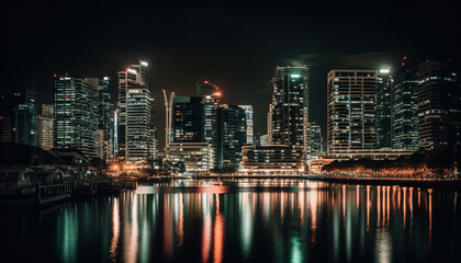 Fototapeta na wymiar Modern city skyline reflects on waterfront at dusk, illuminating skyscrapers generated by AI