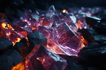 Luminescent purple crystals nestled among glowing embers and rough stones