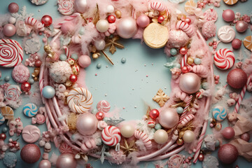 A vibrant arrangement of pastel-hued holiday candies, ornaments, and festive decorations on a teal background