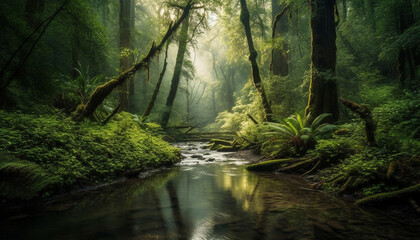 Obraz premium Tranquil scene of a mysterious tropical rainforest with flowing water generated by AI