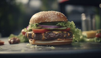 Grilled gourmet cheeseburger with beef, tomato, and onion on bun generated by AI
