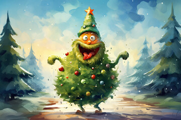 Animated Christmas tree character with a joyful expression amidst a winter landscape