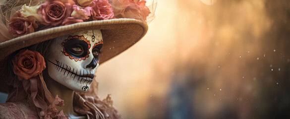 A captivating image capturing the beauty of a woman's portrait with Dia de los Muertos makeup during the festival of death