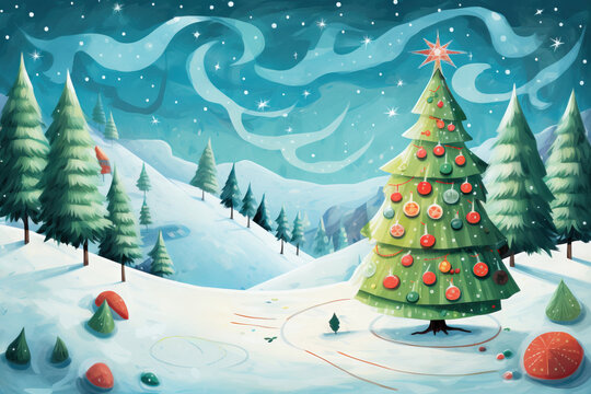 Snow-covered landscape featuring a decorated Christmas tree with whimsical skies above