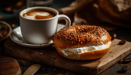 Freshly baked bagel and coffee for brunch generated by AI - obrazy, fototapety, plakaty