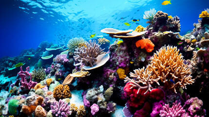 Fototapeta na wymiar Underwater view of tropical coral reef with fishes and corals.