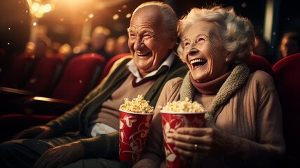 Cheerful senior couple with popcorn at cinema. elderly people.generative ai