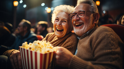 Obraz na płótnie Canvas Cheerful senior couple with popcorn at cinema. elderly people.generative ai