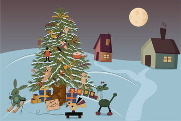 christmas tree branch, christmas balls, snow falls, gifts, presents, houses in the snow, fir tree