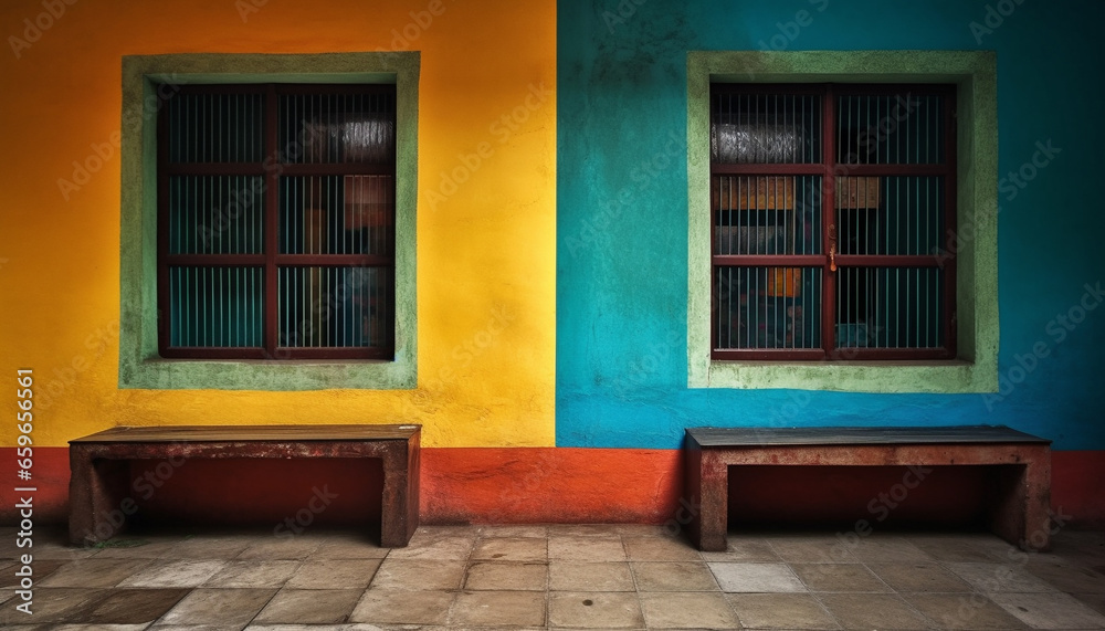 Poster weathered yellow shutters adorn old caribbean building generated by ai