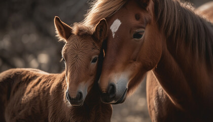 Sunset pony grazing in meadow with bridle generated by AI