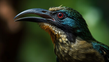Fototapeta premium Iridescent starling perched on green branch generated by AI