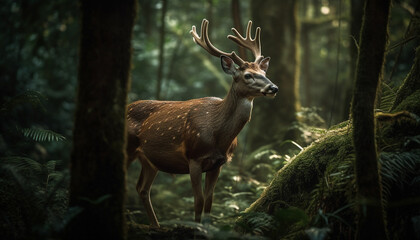 Naklejka na ściany i meble Horned stag standing in tranquil forest landscape generated by AI