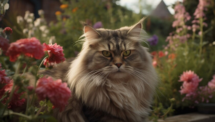 Naklejka na ściany i meble Fluffy kitten sitting in green grass, admiring springtime blossom generated by AI