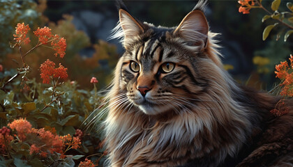 Cute kitten sitting in autumn grass, looking at camera with whiskers generated by AI