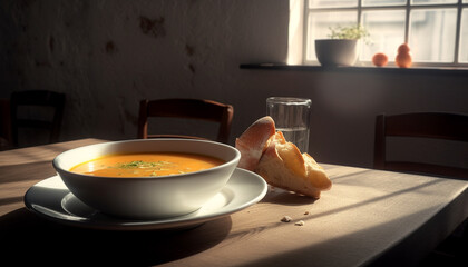 Fototapeta na wymiar Healthy vegetarian soup served on rustic wooden table for lunch generated by AI