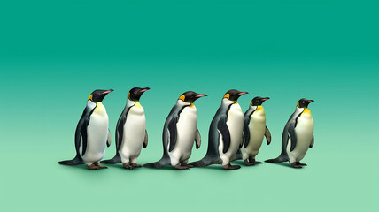 Obraz premium group of Penguin full body side view, isolated on green background,generative ai