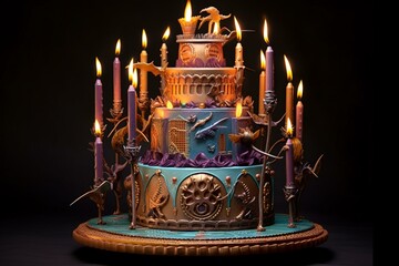 Cake with candles in a fantasy-themed design. Generative AI