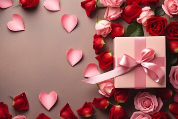 Valentine's day gift box filled with pink roses, surrounded by red hearts. Top view, holiday banner template. Generative AI