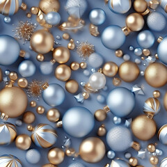 Christmas seamless pattern festive luxury xmas background with gold, blue, christmas balls, gifts and decoration. AI Generated