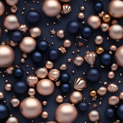 Christmas seamless pattern festive luxury xmas background with rose gold, navy blue, christmas balls, gifts and decoration. AI Generated