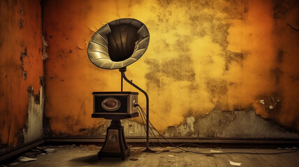 Retro-design gramophone from the 1960s in a grunge room. Music blaster,generative ai