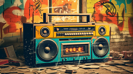 Retro old design ghetto blaster boombox radio cassette tape recorder from 1980s.generative ai - obrazy, fototapety, plakaty
