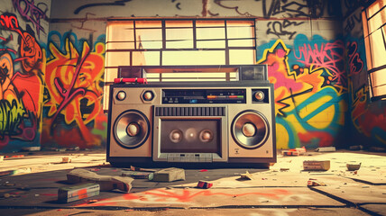 Retro old design ghetto blaster boombox radio cassette tape recorder from 1980s.generative ai