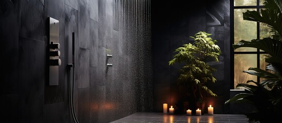 Water flowing from bathroom shower in sleek Scandinavian home with dark backdrop - obrazy, fototapety, plakaty