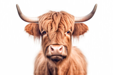 Portrait of a Scottish highland cow, isolated on white background