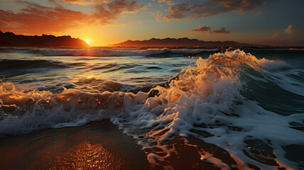 Sunset against the horizon The beach has foamy waves and a volcanic background.generative ai